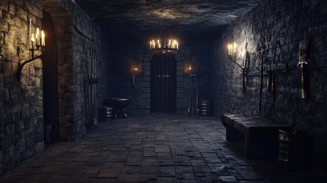 Interior of a mysterious dungeon featuring torture tools and dark furnishings illuminated by candlesticks designed as a backdrop for games and Halloween themed visuals 3D illustration