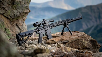High-powered rifle on a rocky ledge with suppressor and bipod