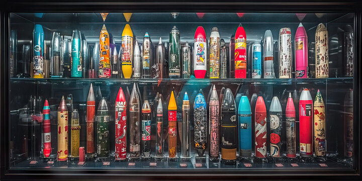 Arsenal of Apocalypse: A display case full of various types of nuclear warheads, from mini nukes to ICBMs.