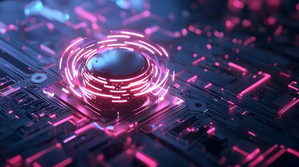 Futuristic Quantum Computer Core with Levitating Neon Energy Orb in Glowing Technological Design