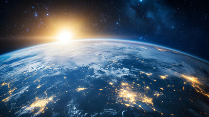 Fototapeta premium Vibrant View of Earth from Space Highlighting Detailed Cloud Patterns and Glowing City Lights, Showcasing the Stunning Beauty of Our Planet in a High-Resolution Display