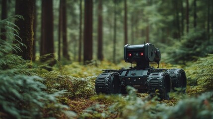 Autonomous AI-powered robots monitoring forests for illegal logging: Robots patrolling forests, detecting illegal logging activities and alerting authorities.