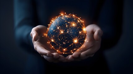 Hands Holding Illuminated Digital Globe Symbolizing Global Connectivity and Future Technology