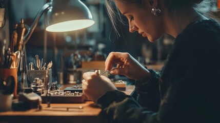 A female jeweler creates a silver ring in a cozy workshop during evening hours