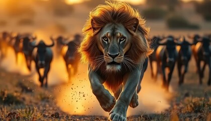 Intense Lion Chase in the Savanna	
