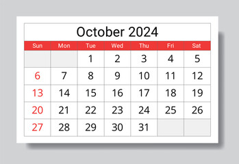 October 2024 ENGLISH month calendar. Vector printable illustration. Monthly planning for events