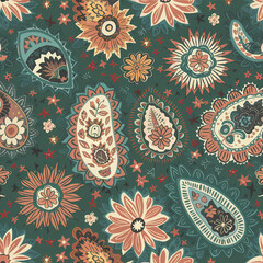 paisley and floral element pattern, muted colors , a fusion of modern colors and rich texture 