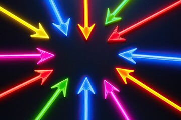 Obraz premium Seven Neon Arrows on Dark Background Representing Choices and Direction