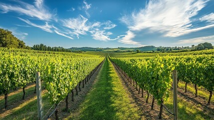 A stunning view of a sprawling vineyard with neatly arranged rows of grapevines. The vibrant green leaves