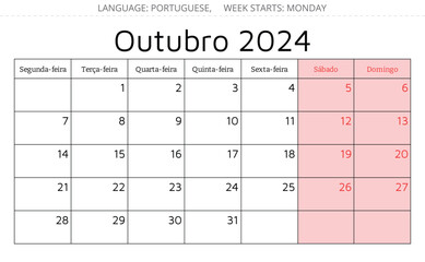 October 2024 portuguese calendar. Vector illustration. Monthly planning for business in Portugal