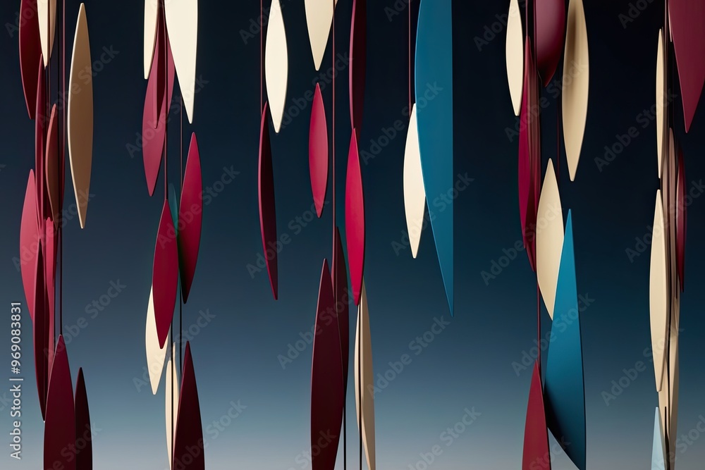 Poster captivating visual concept with cascading shapes in warm ruby, cream, and azure on a midnight backdr