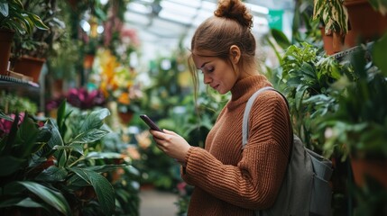 Female shopper selecting a plant while using her phone in a lush greenhouse