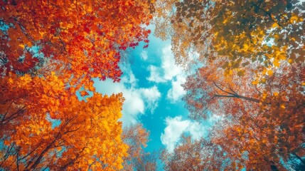 A stunning view of the blue sky peeking through a dense canopy of autumn leaves.