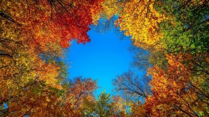 A stunning view of the blue sky peeking through a dense canopy of autumn leaves.