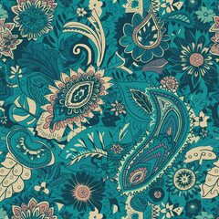paisley and floral element pattern, muted colors , a fusion of modern colors and rich texture 
