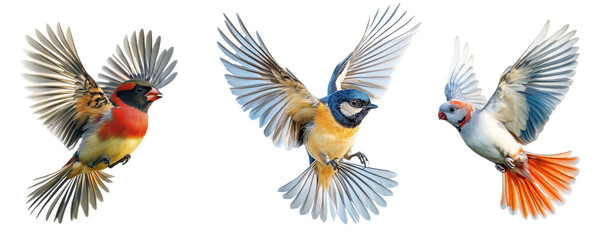 Obraz premium Set of Beautiful bird in flight, isolated on transparent background, graceful avian movement