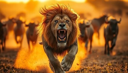Intense Lion Chase in the Savanna	