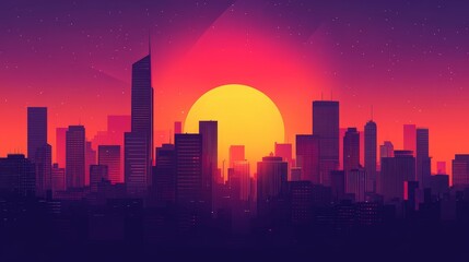 A stylish vector design of a cityscape silhouette at sunset. The graphic uses a gradient
