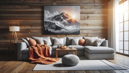 Interior of a cozy living room in a wooden cabin