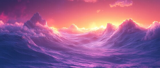 A Surreal Sunset Over Purple Mountain Peaks and Clouds