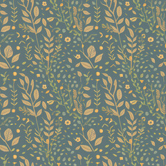 whimsical surface pattern with hand-drawn elements like leaves, flowers, and birds, arranged in a elegant design.