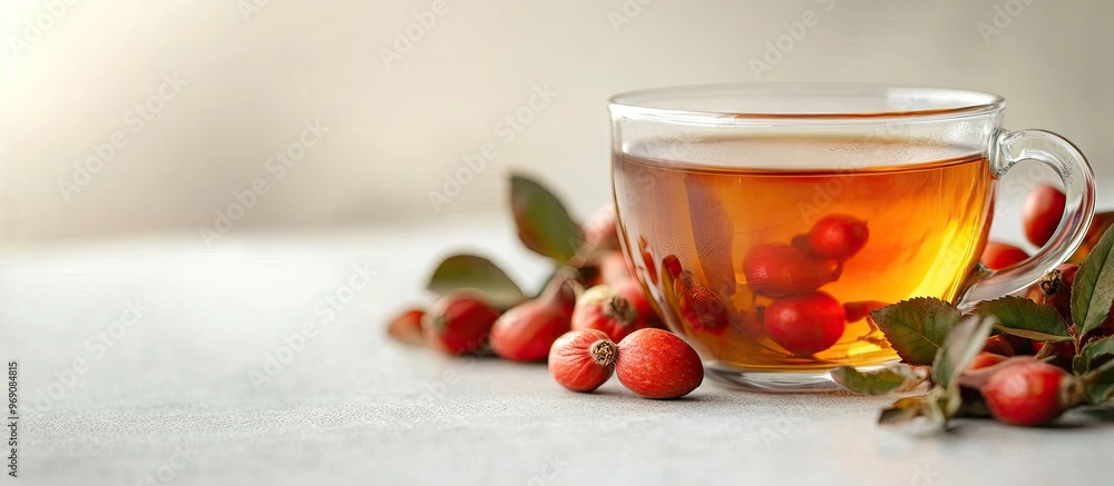 Aufkleber Herbal tea made from rose hips in a cup on a light background Side view. with copy space image. Place for adding text or design