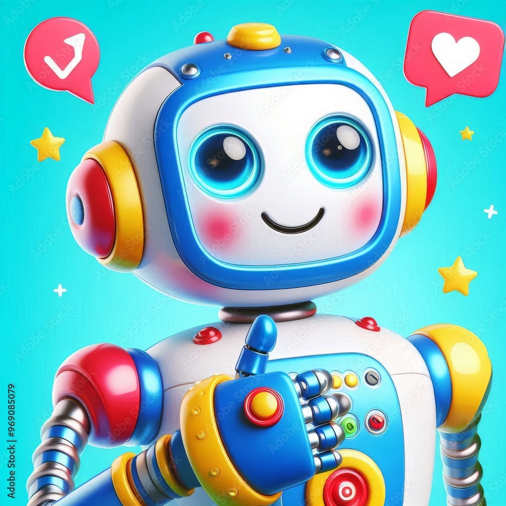 Poster a cheerful, cartoon-style robot with a bright smile gives a thumbs-up gesture. the scene is filled w