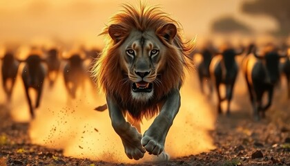 Intense Lion Chase in the Savanna	