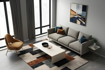 Fototapeta premium 3D Artwork of a Modern Apartment Living Room with a Fabric Sofa, Minimalist Coffee Table, and Geometric Area Rug in an Elevated View