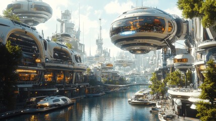 Futuristic car-free city with AI-operated drones and robotic transportation pods: A bustling urban center where transportation is entirely autonomous and eco-friendly.