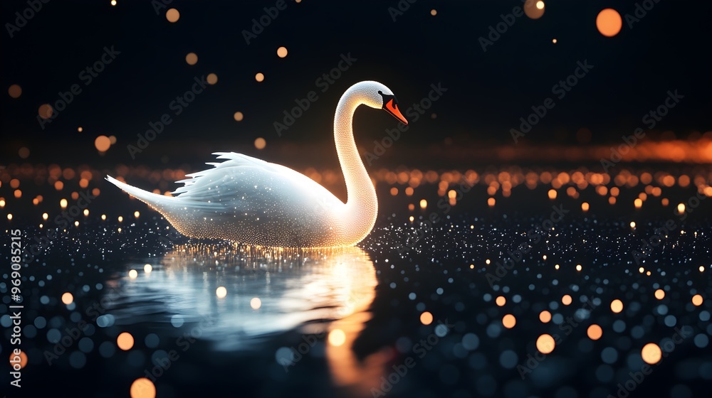 Poster glowing swans bird against dark with light pattern background image