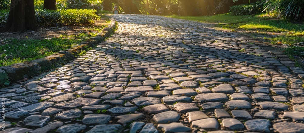 Poster asphalt road adjacent to a garden path constructed from natural stone and paved with rough rocks in 