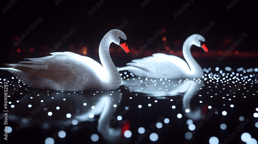 Poster glowing swans with dark background and light pattern picture