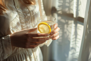  Lemon water drink in hands of a young woman