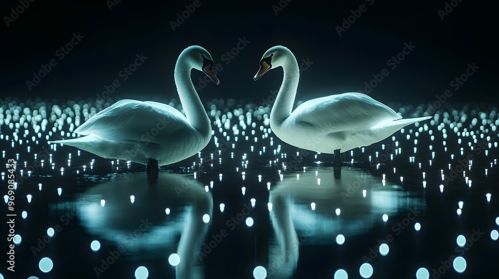 Poster Illuminated swans bird with dark light pattern background image