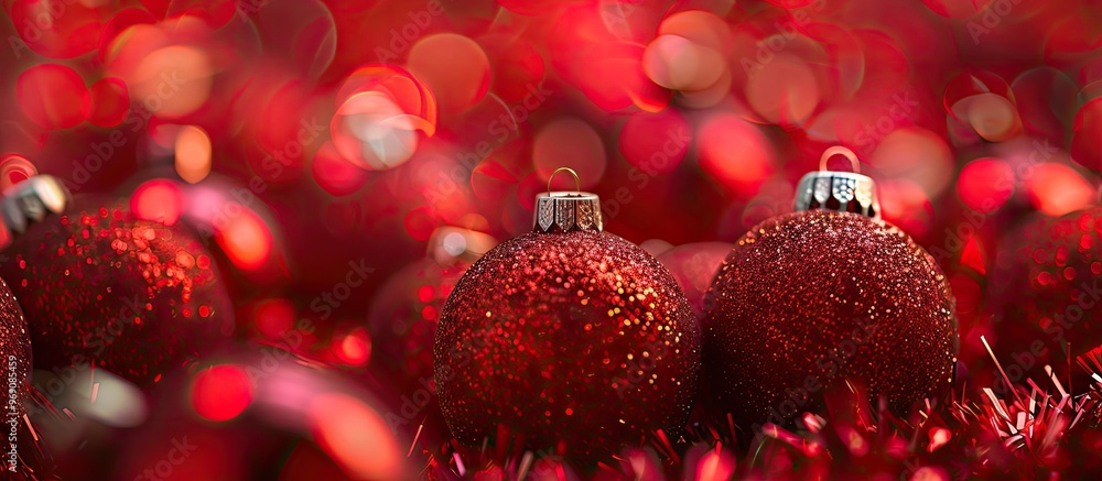 Poster christmas decorations on a bright red background close up with selective focus and copy space concep