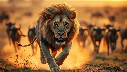 Intense Lion Chase in the Savanna