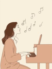 a minimal single line art of a woman sitting at a piano, with musical notes floating in the air around her, hand drawn style minimalist line art, beige colors and soft pink tones, cream-colored 