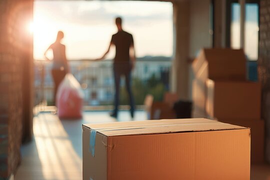 moving in box a young couple unpack their belongings as they settle into their new loft apartment . They are standing defocussed on the balcony of their new apartment. In the foreground a blank moving