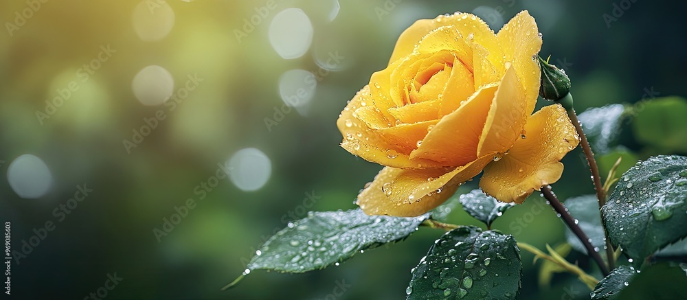 Leinwandbilder yellow rose with water droplets during spring rain. with copy space image. place for adding text or 