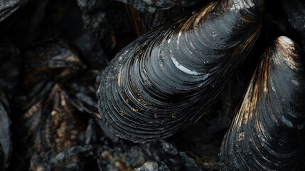 Fototapeta premium Close-up of Black Mussel Shell with Shiny and Textured Surface