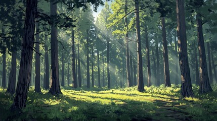 Obraz premium A tranquil forest scene with a grove of tall pine trees reaching up to the sky. The dense canopy