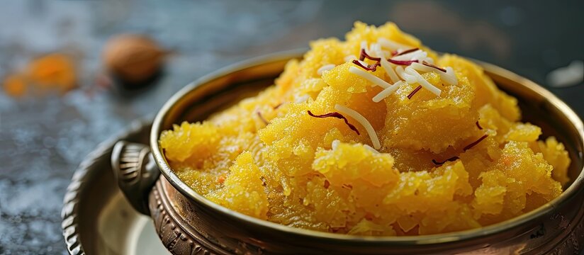 Rava kesari Kesari bath sheera or suji halwa are Indian sweets or mithai for Diwali Pongal Dussehra and Ugadi celebrated in Karnataka Tamil Nadu and other South Indian regions. with copy space image