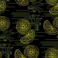 Seamless Pattern with Olives and lemons. Color sketch style hand drawn background. Detailed illustration, hand drawn. Great for fabric and textile, prints, invitation, packaging, or any desired idea.