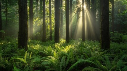 Obraz premium A tranquil forest scene with sunlight streaming through tall trees and a carpet of lush green ferns