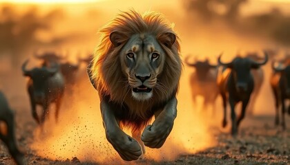 Intense Lion Chase in the Savanna