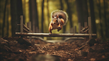 An agile squirrel effortlessly conquering an intricate obstacle course in a wooded area