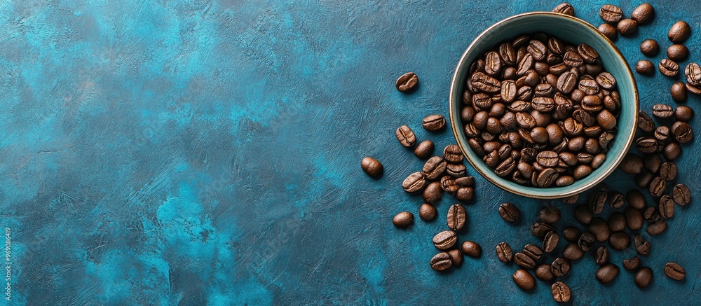 Leinwandbilder blue backdrop and coffee beans. with copy space image. place for adding text or design