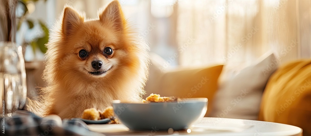 Aufkleber A beautiful Pomeranian dog is sitting at a table playing and eating in a well lit room. with copy space image. Place for adding text or design