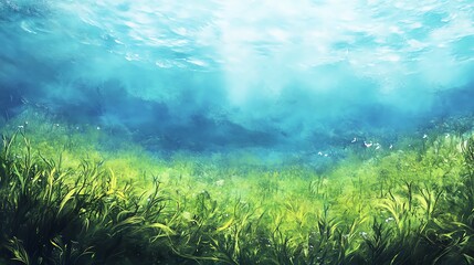 Fototapeta premium A serene underwater scene showcasing vibrant green plants, illuminated by soft sunlight filtering through crystal clear water.